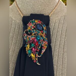 Countess Mara Navy Blue Necktie Necklace w/Multi Colored Stone Brooch OOAK